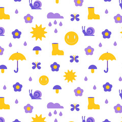 Rain colorful elements background. Umbrella, flowers, mushrooms, cloud, drops and rubber boots. Vector seamless pattern.