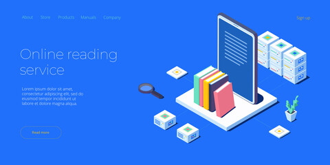 Online library or ebook concept vector illustration in isometric design. Internet education or  distance training and learning courses on educational platform. Website banner layout template.