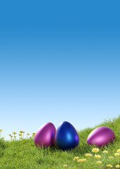 Three Easter eggs on a grass background, Easter concept