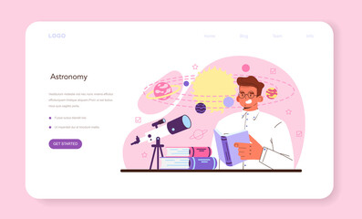 Astronomy and astronomer web banner or landing page. Professional scientist