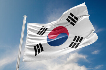 South Korea Flag is Waving Against Blue Sky - obrazy, fototapety, plakaty