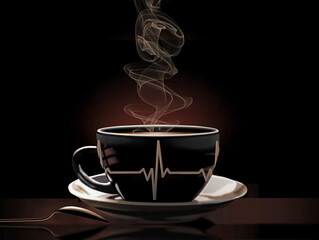 An EKG (ECG) strip, line tracing, showing heart activity decorates a coffee or tea cup.  The EKG design illustrates the effect caffeine can have on the heart.  This is a 3-d illustration.