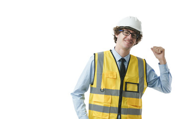 Caucasian engineer wearing safety uniform with hardhat looking at the camera and raised his hand to the back. Isolated image over whit background.