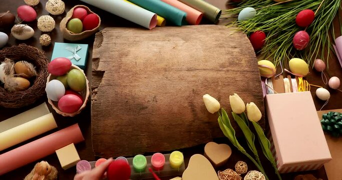 Easter video. Wooden table. Eggs. Concept. Video. Holidays. 