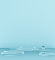 Glass template Product stage podium Present with clear glass ball on blue background 3d rendering