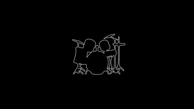 white linear drum set silhouette. the picture appears and disappears on a black background.