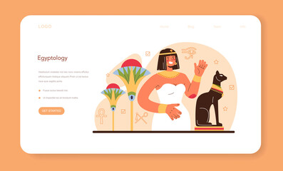 Egyptiology web banner or landing page. Ancient Egypt papyrus, pyramid