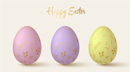 Easter eggs collection. Cute 3d design elements in pastel colors with golden floral pattern.