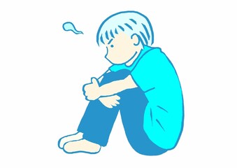 発達障害　ひざを抱え込んで落ち込んでいる男の子のイラスト　シンプル