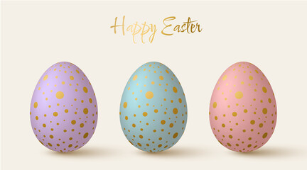 Easter eggs collection. Cute 3d design elements in pastel colors with golden dots pattern.