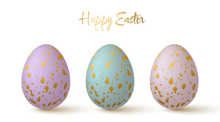 Easter eggs collection. Lovely 3d design elements in pastel colors with a gold spotted pattern.