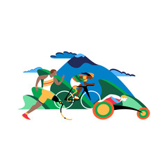 Finishing spurt Paralympic wheelchair in motion. Paralympic athletes compete with each other against the backdrop of the mountains. Paralympic Games