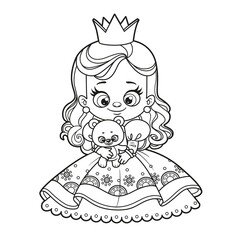 Cute cartoon princess with a soft toy teddy bear drawing for coloring on a white background