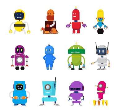 Cartoon robot characters. Energy robots, science robotics for kids. Isolated children toys, cute vintage android elements. Friendly alien, decent vector set