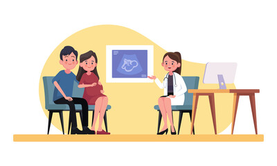 A pregnant woman and her husband consult a doctor in a gynecology office.