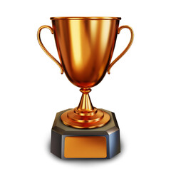 Bronze trophy cup or champion cup with empty plate for your text. Honorable third place in the competition. Realistic 3D vector illustration isolated on a white background