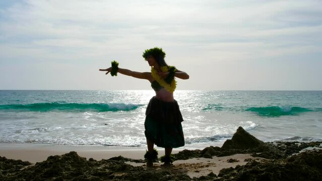 Graceful woman dacing hawaiian dance on the beach. Silhouette with blanks.