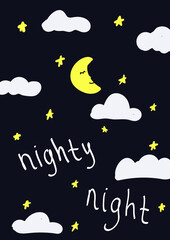 Hand drawn vector illustration. Good night card with moon, clouds, stars and handwritten inscription