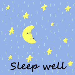 Hand drawn vector illustration. Good night card with moon, stars and inscription
