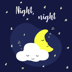 Hand drawn vector illustration. Good night card with stars, inscription sleeping moon and cloud