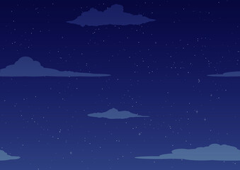 Night starry sky, dark blue space background with stars and clouds. Vector illustration