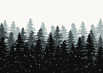Obraz premium Winter woodland landscape with black spruce, fir trees and white snowflakes. Vector illustration