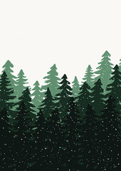 Winter woodland landscape with green spruce, fir trees and white snowflakes. Vector illustration