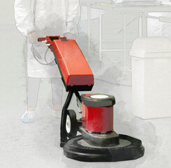 Adult cleaner maid with sterile uniform cleaning corridor pass floor