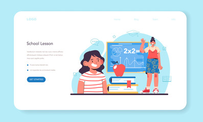 Teacher web banner or landing page. Professor giving a lesson in a classroom