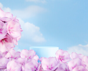 Pastel podium platform with cherry blossom flower for cosmetics and beauty products. 3d rendering floral pedestal stand show. Spring stage studio scene background for product presentation showcase.