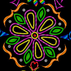 multicolored mandala pattern on a black background