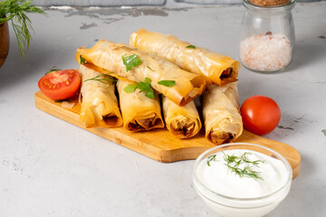 Baked filo dough spring rolls with stuffing, Traditional Turkish pastry