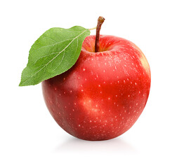one red apple with a leaf on a white isolated background