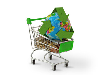 Planet earth with recycling symbol on shopping cart - Concept of environmental awareness and green purchasing - 488584309