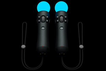 Virtual reality controllers for online and cloud gaming on black background