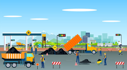 Vector of workers repairing city road pavement