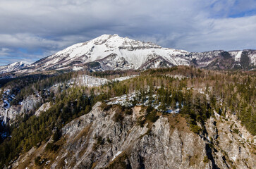 Drone flight over the Oetschergraeben canyon in Lower Austria in winter