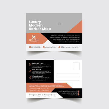 Postcard template for barber shop business. Standard beauty spa salon hair cutting postcard design