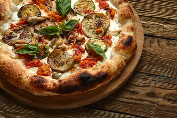 food background vegan sliced pizza with various vegetables