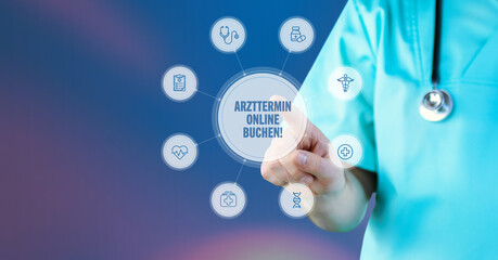 Arzttermin online buchen!. Arzt zeigt auf digitales medizinisches Interface. Text umgeben von Icons, angeordnet im Kreis. - obrazy, fototapety, plakaty