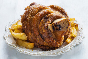 rustic german golden baked pork knuckle
