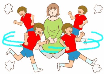 発達障害　多動のため走り回るADHDの小学生の男の子と疲れ切った母親のイラスト