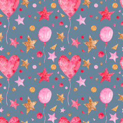 Air balloon. Stars, circles. Seamless pattern on a gray background