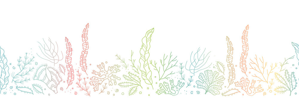 Cute Seaweed Seamless Pattern, Hand Drawn Underwater Background, Great For Textiles, Banners, Wallpapers, Wrapping - Vector Design