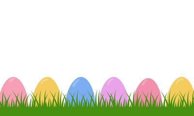 Colorful decorated easter eggs on the grass. Background banner.