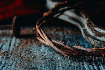 nail and crown of thorns with fresh blood