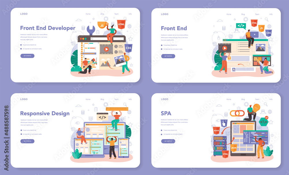 Poster front end developer web banner or landing page set. website interface