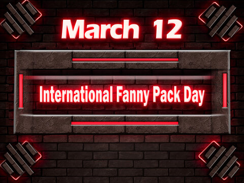 12 March, International Fanny Pack Day, Neon Text Effect On Bricks Background