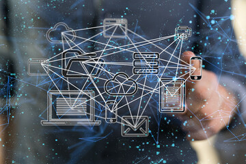 abstract lines with dots over dark background.