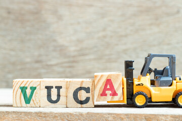 Toy forklift hold letter block a to complete word VUCA (abbreviation of Volatility, uncertainty,...